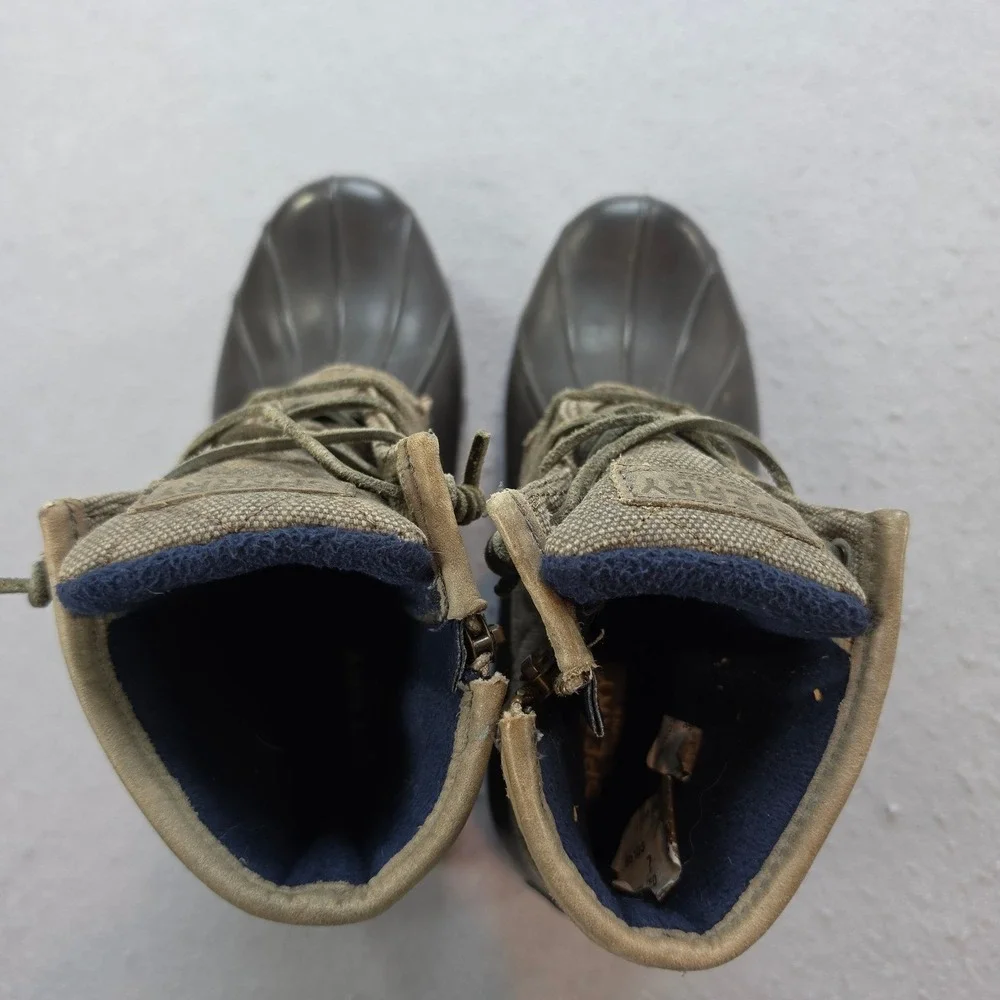 Sperry Saltwater Duck Boots Womens 7 Olive Green Brown Waterproof STS99132